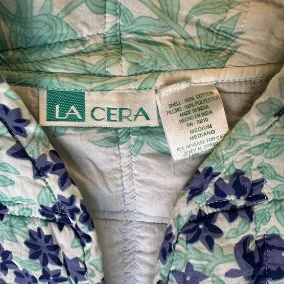Vintage La Cera Quilted Floral Jacket Teal Blue Cotton Size M - Picture 5 of 6